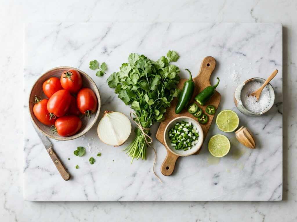 pico de gallo recipe ingredients flat lay on marble