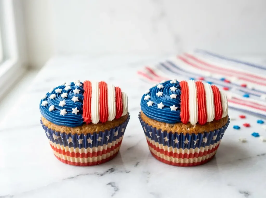 USA flag cupcakes with red white and blue buttercream stripes and pearl star sprinkles
