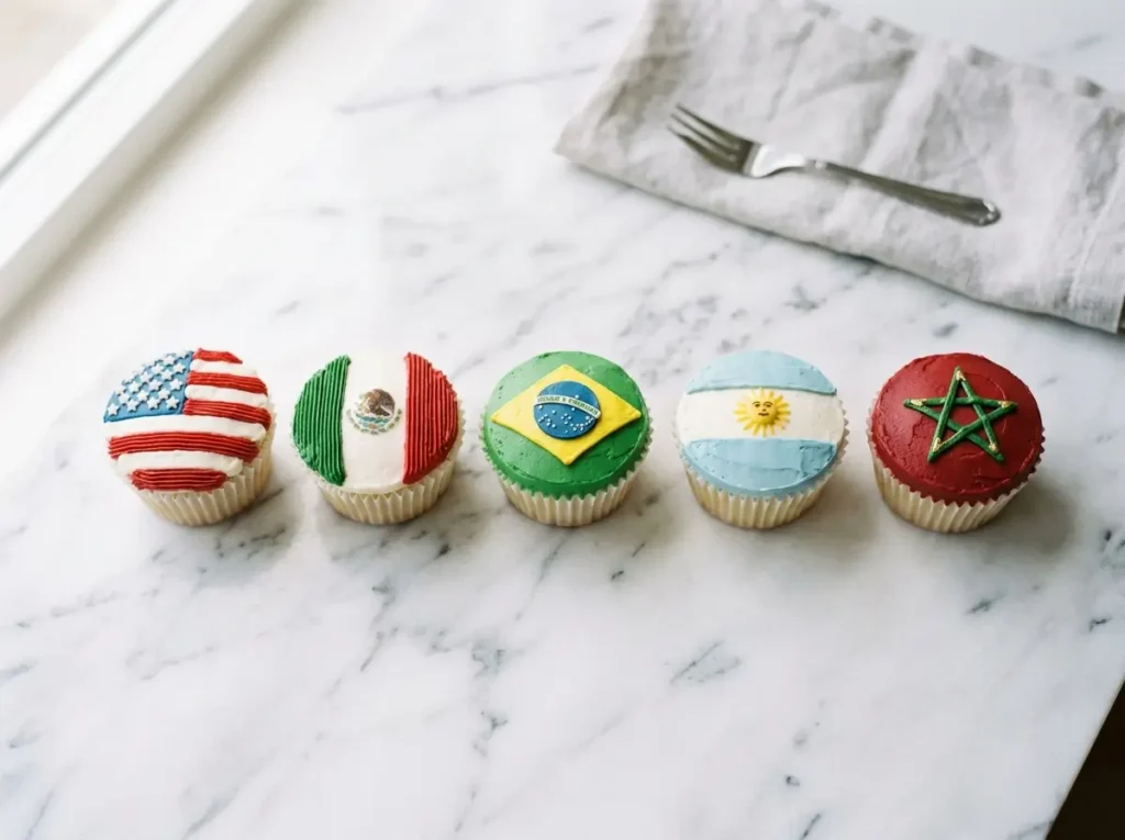 Five World Cup flag cupcakes decorated for USA Mexico Brazil Argentina and Morocco on white marble