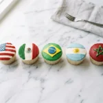Five World Cup flag cupcakes decorated for USA Mexico Brazil Argentina and Morocco on white marble