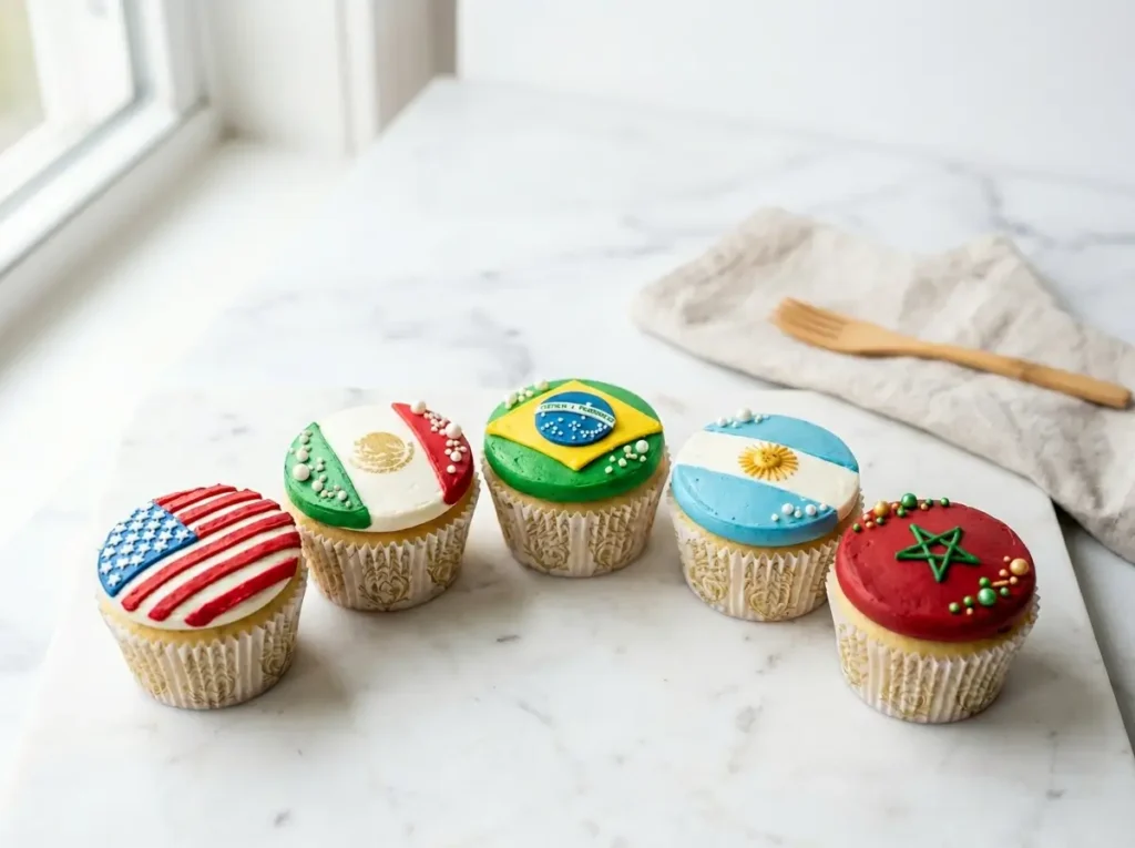 World Cup flag cupcakes for 5 countries arranged on white Carrara marble