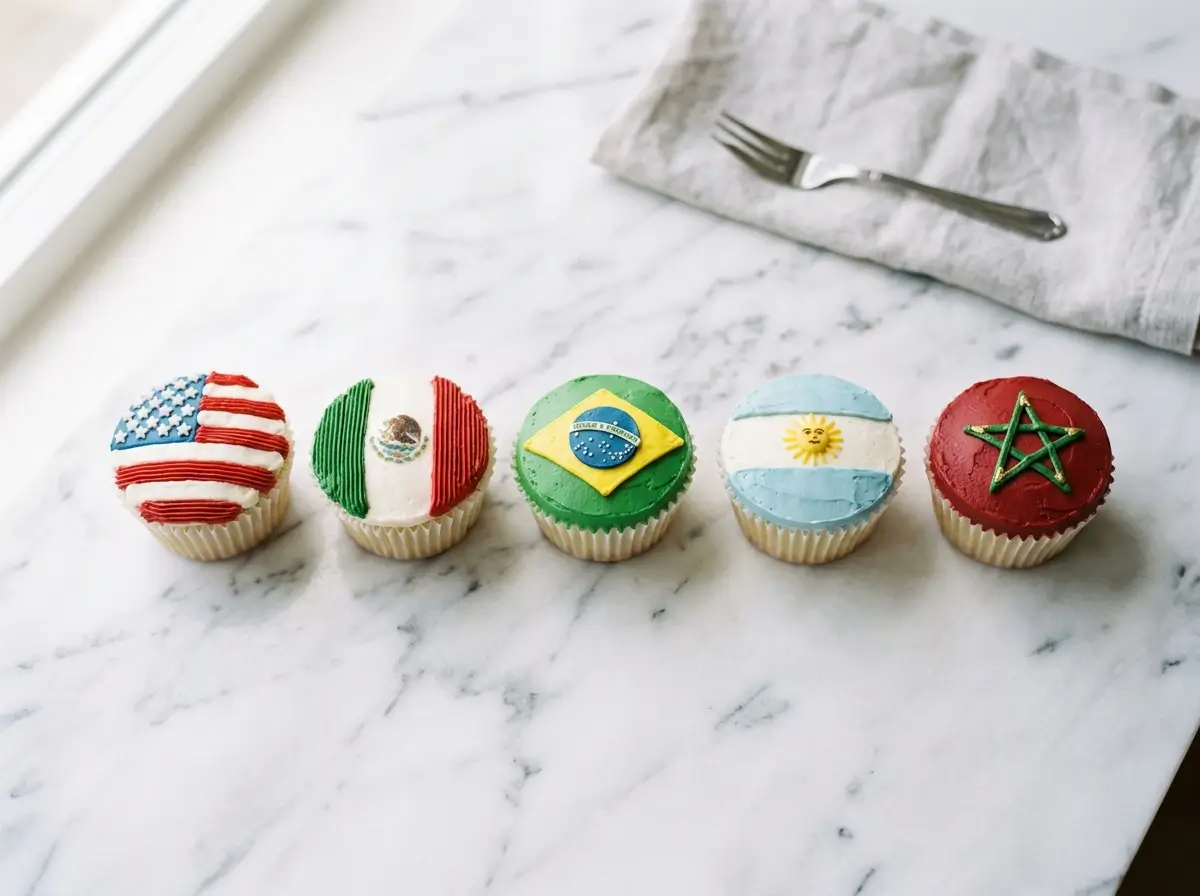 Five World Cup flag cupcakes decorated for USA Mexico Brazil Argentina and Morocco on white marble