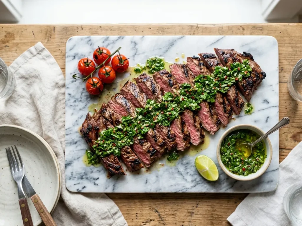 : Chimichurri sauce for steak served over sliced grilled skirt steak
