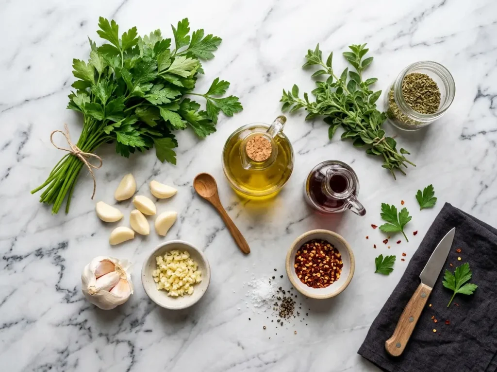 Ingredients for authentic chimichurri sauce recipe including parsley and garlic