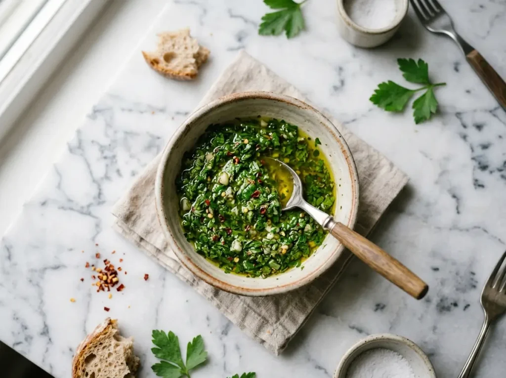 Bowl of authentic chimichurri sauce recipe on marble