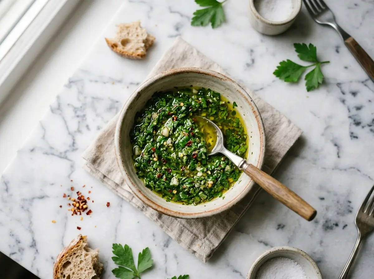 Bowl of authentic chimichurri sauce recipe on marble