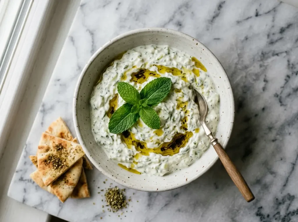 : Bowl of authentic Cypriot tzatziki recipe talatouri garnished with mint