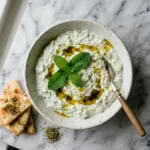 : Bowl of authentic Cypriot tzatziki recipe talatouri garnished with mint