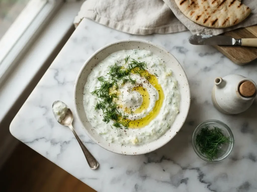 Bowl of easy tzatziki recipe topped with fresh dill and olive oil on marble