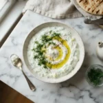 Bowl of easy tzatziki recipe topped with fresh dill and olive oil on marble