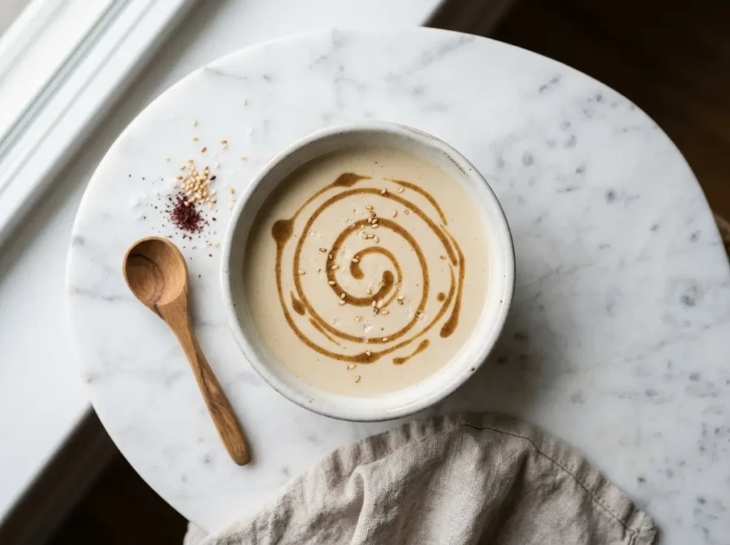 Bowl of creamy garlic tahini sauce on marble