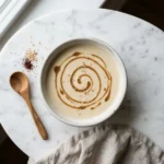Bowl of creamy garlic tahini sauce on marble