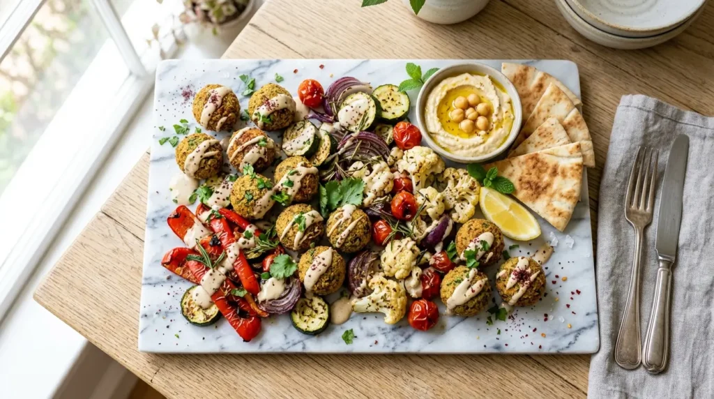 Garlic tahini sauce drizzled over falafel and roasted vegetables