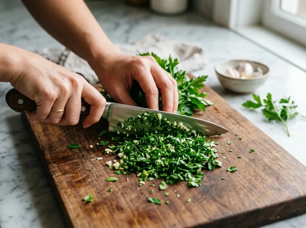 Chopping parsley and garlic for chimichurri sauce recipe