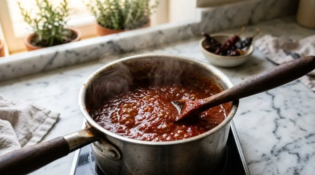 Simmering patatas bravas sauce in a saucepan