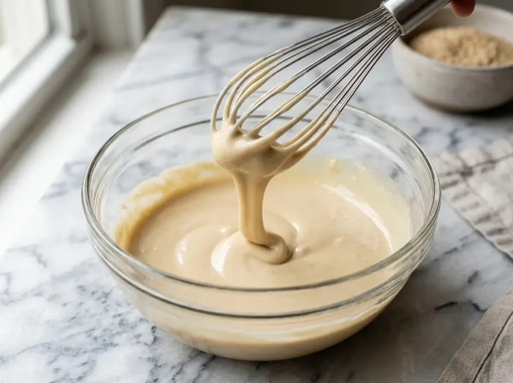 Whisking garlic tahini sauce to a smooth consistency