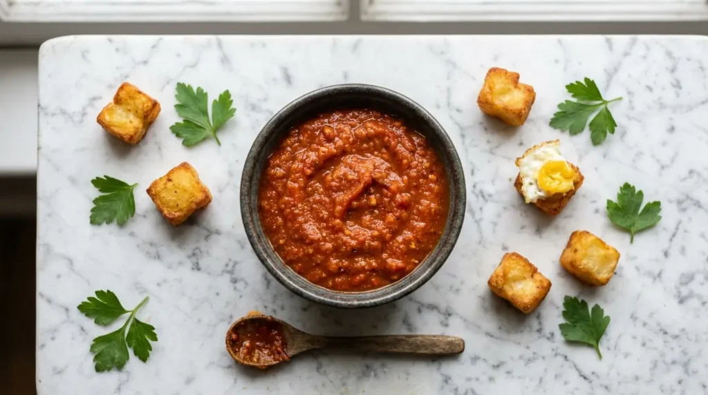 Bowl of smoky patatas bravas sauce on marble