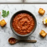 Bowl of smoky patatas bravas sauce on marble