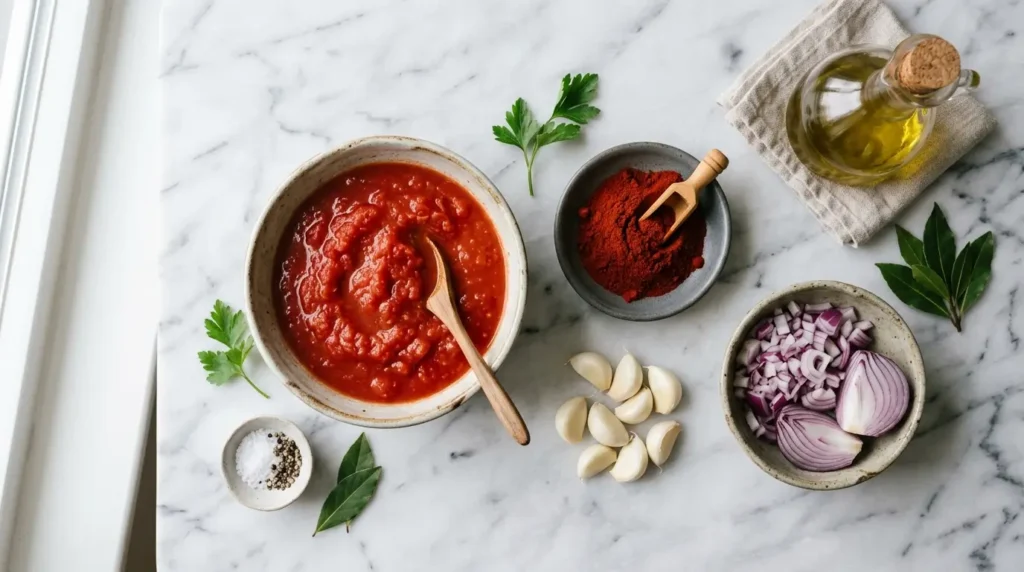 Ingredients for patatas bravas sauce including smoked paprika and tomato