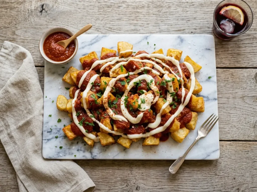 Crispy patatas bravas topped with smoky sauce and aioli