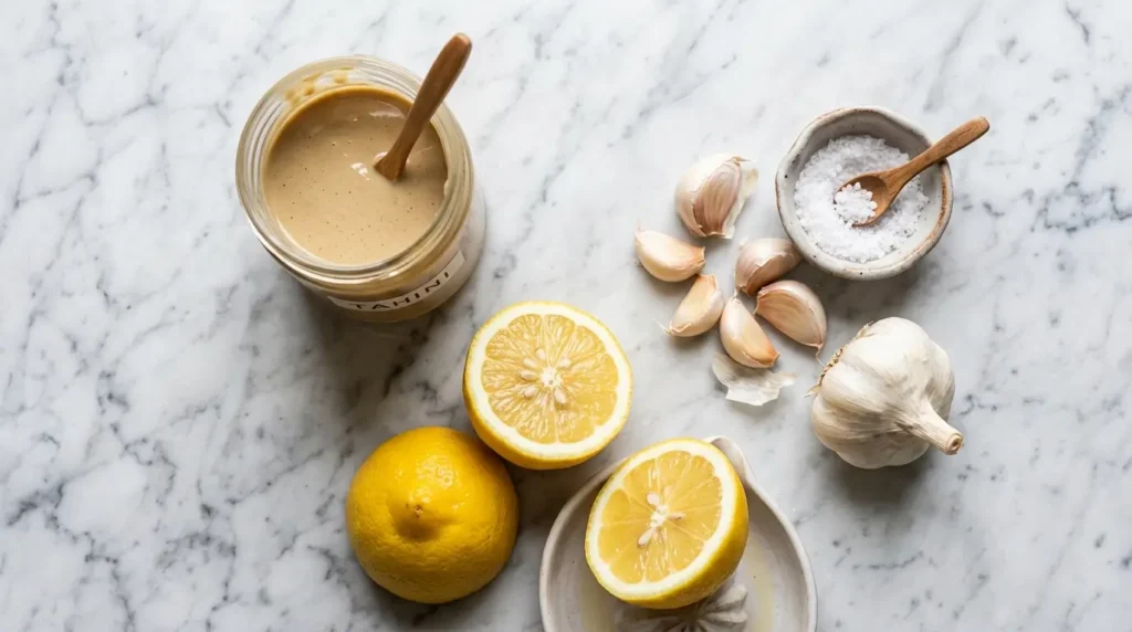 Ingredients for garlic tahini sauce including tahini and lemon