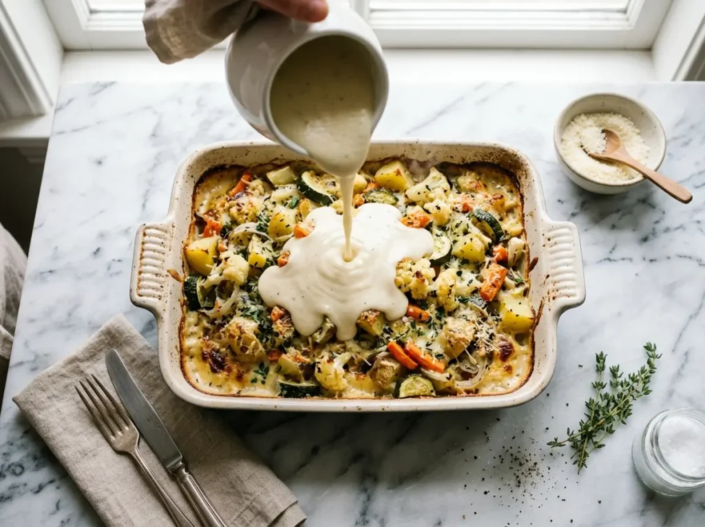 Bechamel sauce poured over a vegetable gratin
