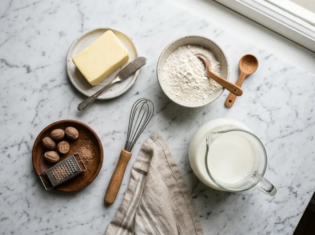 Ingredients for bechamel sauce including butter, flour, and milk