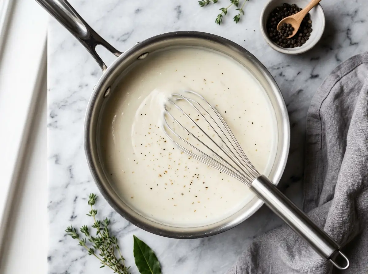 Saucepan of smooth bechamel sauce on marble