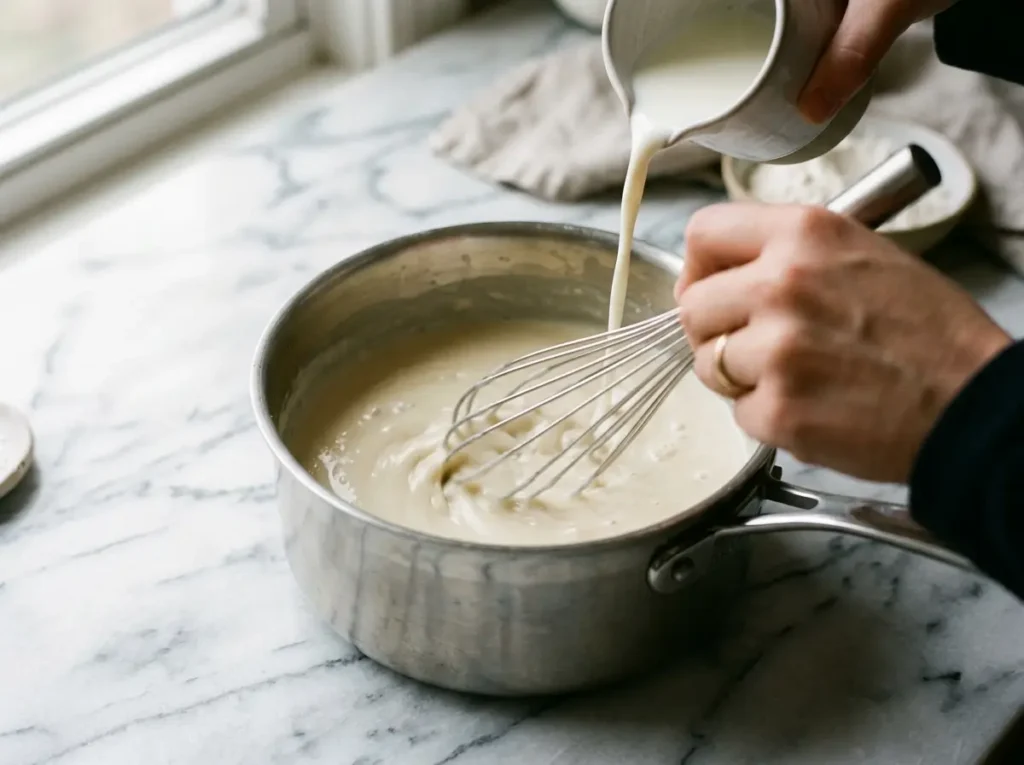 Whisking milk into a roux to make bechamel sauce