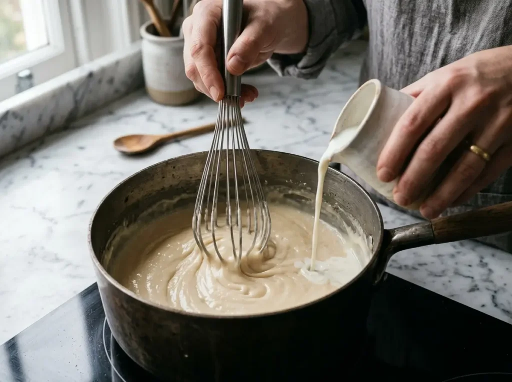 Whisking milk into roux for mornay sauce recipe