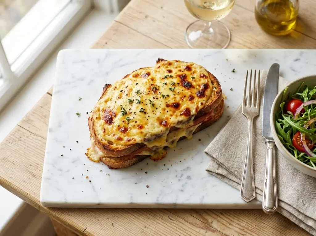 Mornay sauce topping a croque monsieur sandwich