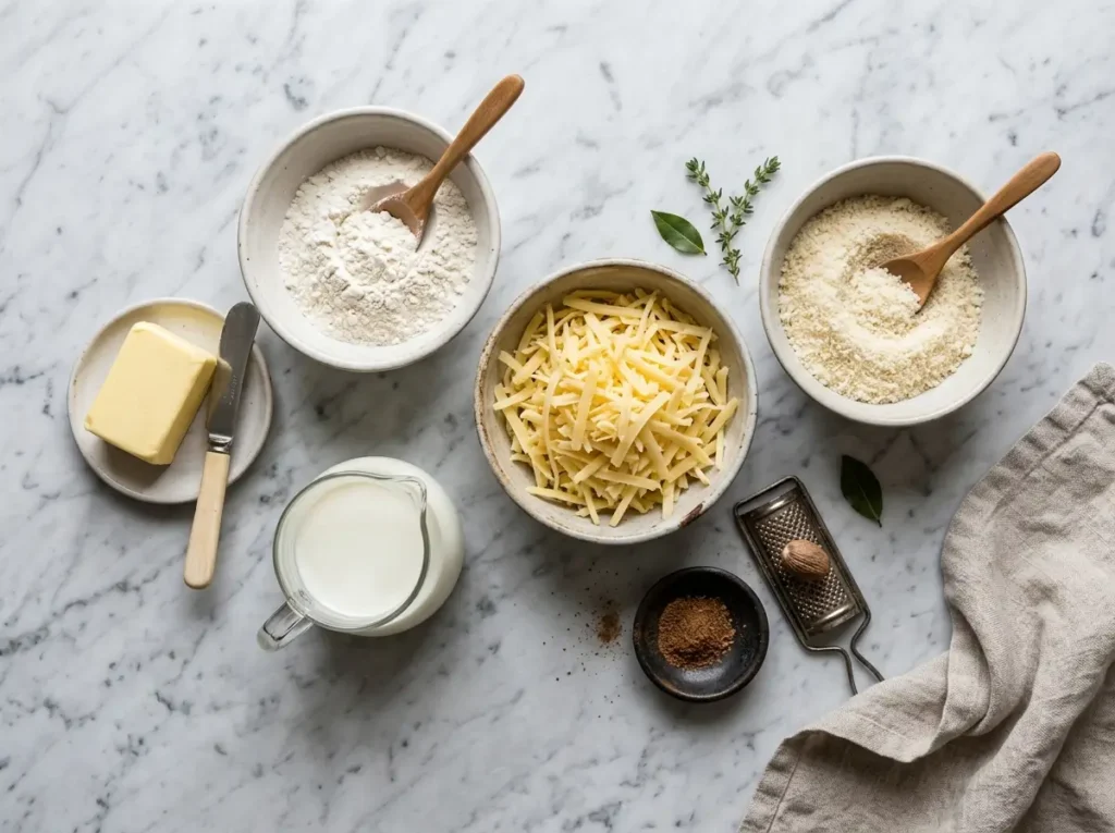 : Ingredients for mornay sauce including Gruyere and Parmesan