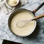 Saucepan of creamy mornay sauce on marble