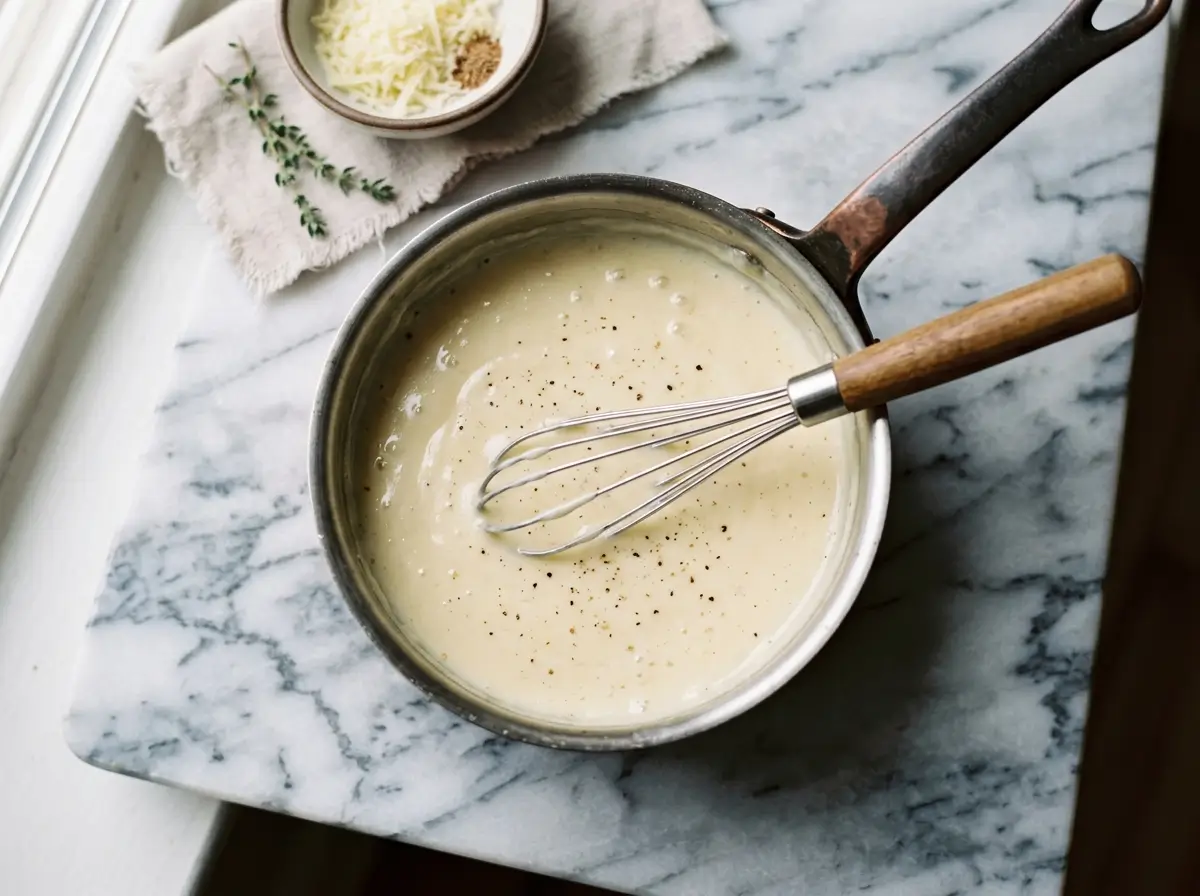 Saucepan of creamy mornay sauce on marble