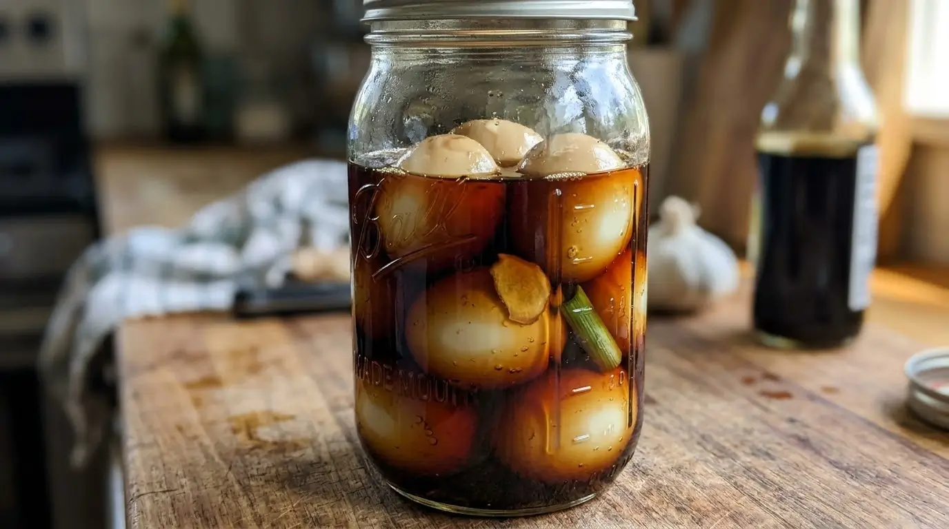 Ramen eggs marinating in soy sauce and mirin