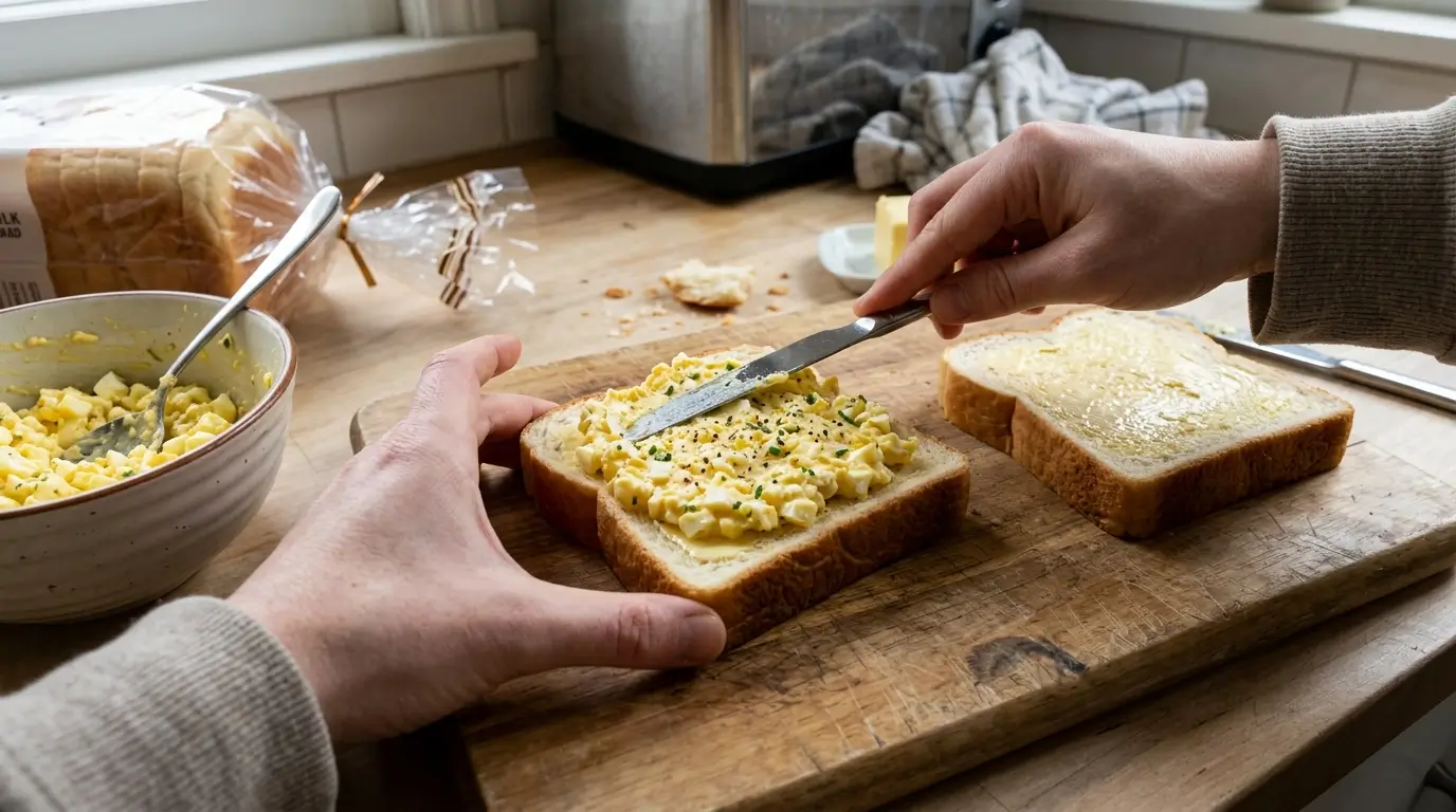 Spreading egg salad on milk bread to make tamago sando