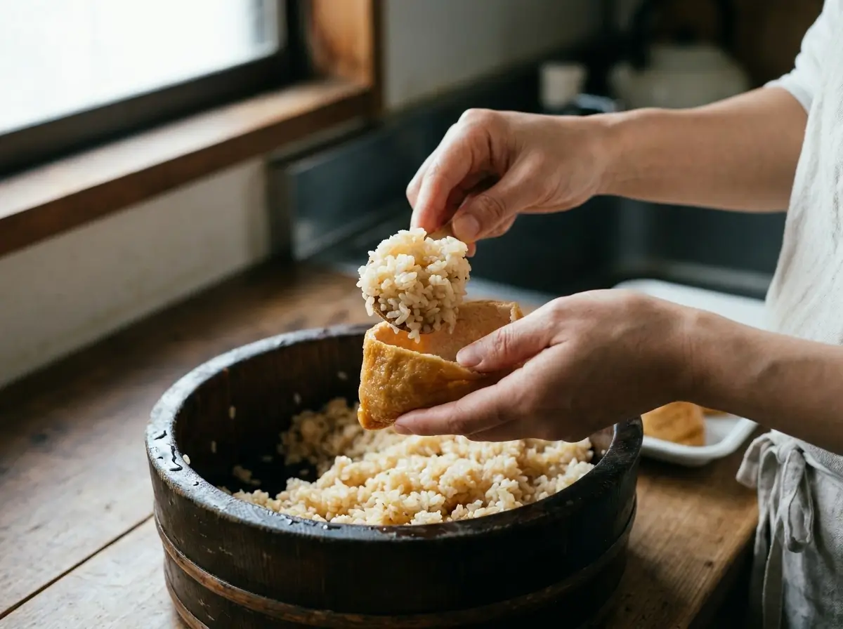 Filling an inari tofu pouch with sushi rice