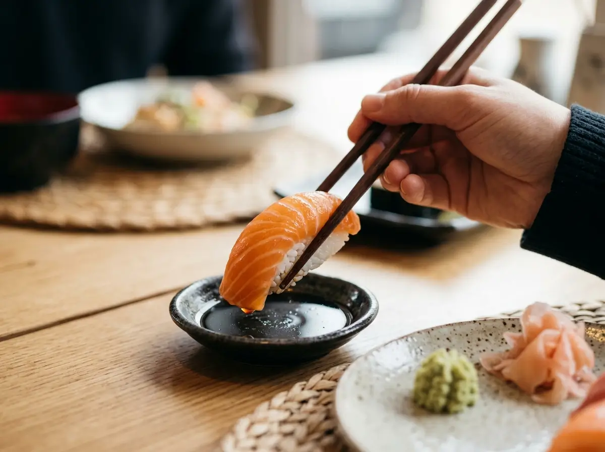 Dipping the fish side of salmon nigiri into soy sauce with chopsticks