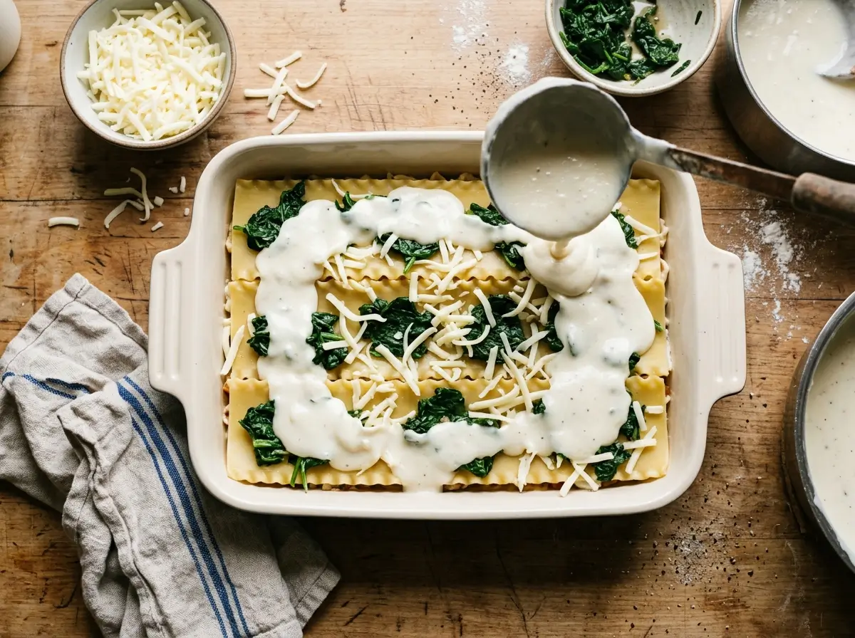 Layering white sauce for lasagna with noodles, spinach and mozzarella