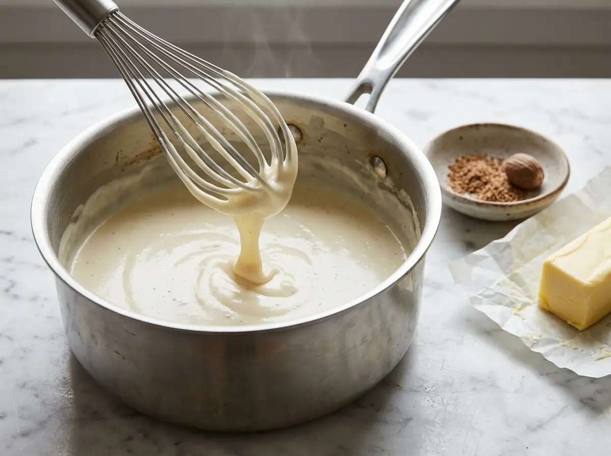 Smooth white sauce for lasagna dripping from a whisk in a saucepan