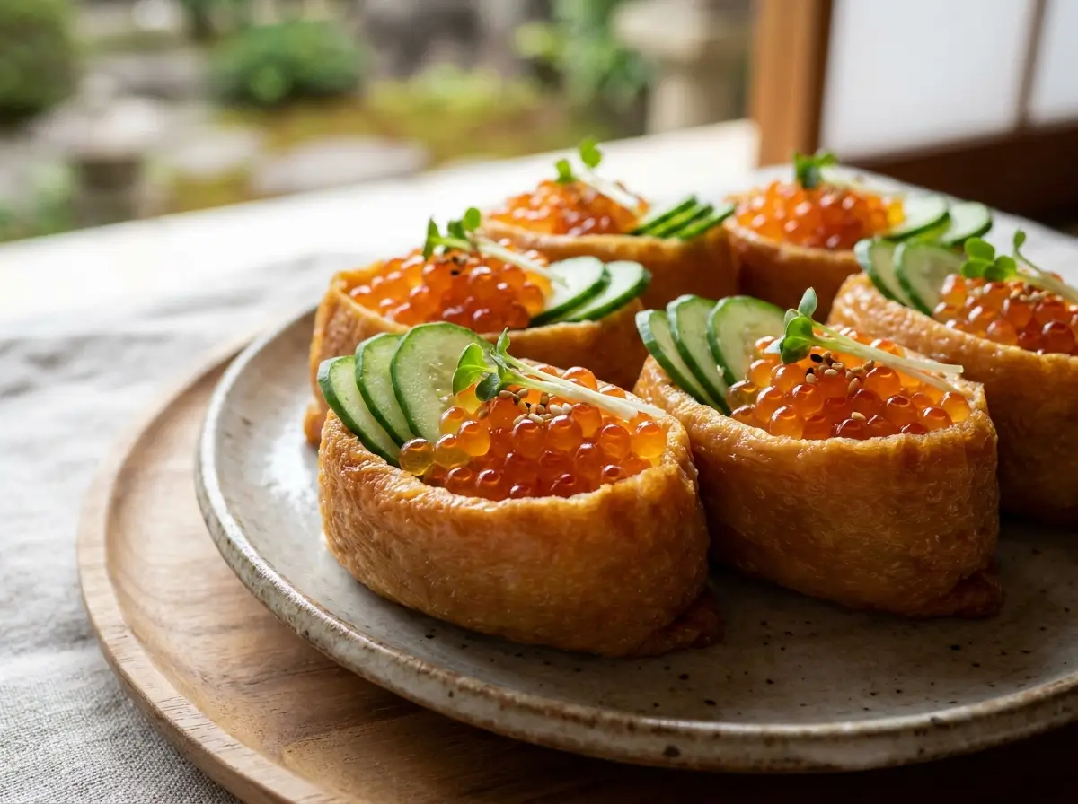 Open-top inari sushi topped with salmon roe and cucumber