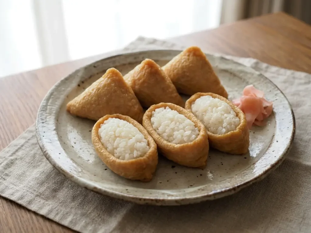 Plate of inari sushi, tofu pouches filled with sushi rice