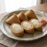 Plate of inari sushi, tofu pouches filled with sushi rice