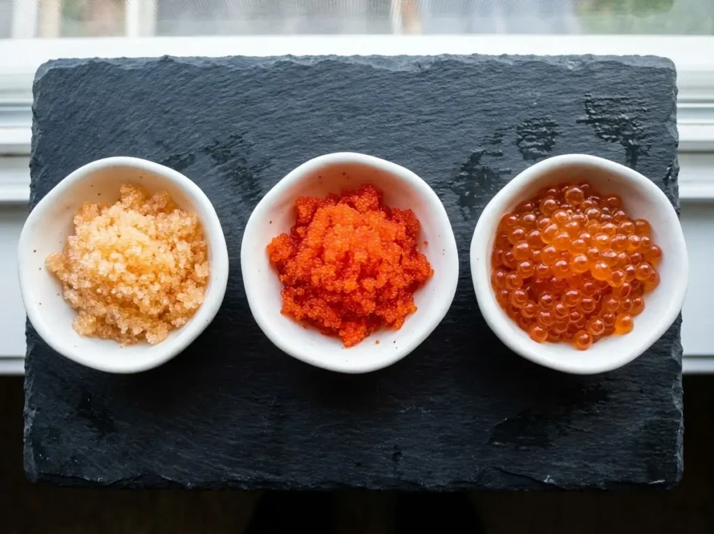 Masago, tobiko and ikura fish roe in three small dishes side by side