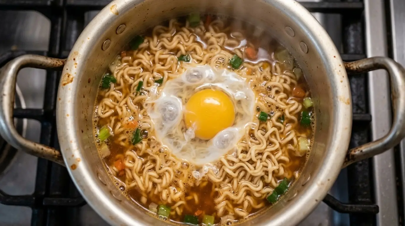 Egg poaching in a pot of instant ramen