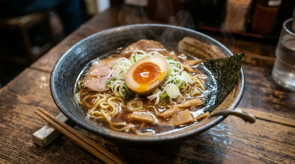Bowl of ramen topped with a halved marinated ramen egg