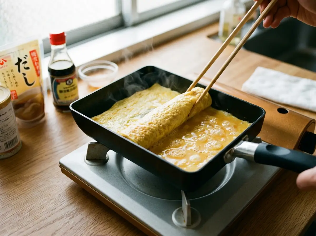 Rolling tamagoyaki in a nonstick frying pan with chopsticks