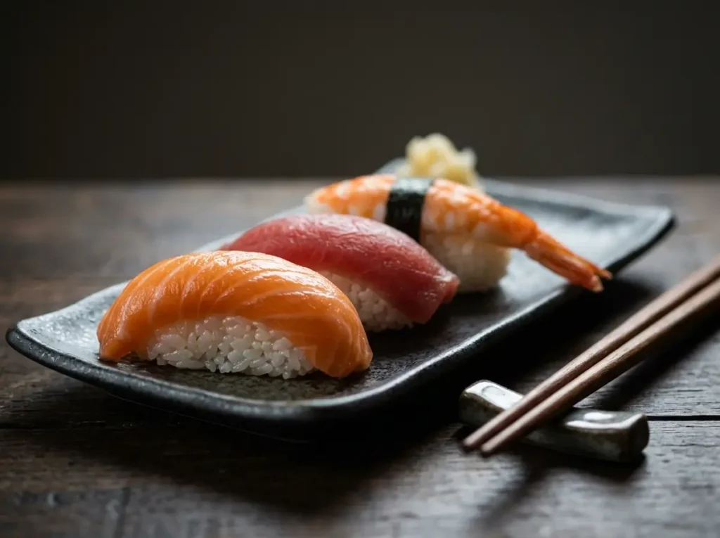 Sushi, sashimi and nigiri side by side on a slate serving board