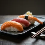 Sushi, sashimi and nigiri side by side on a slate serving board