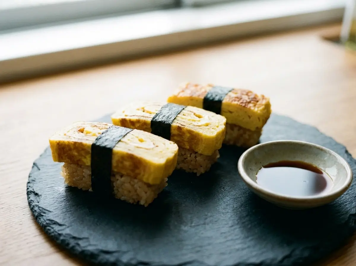 Tamago nigiri, tamagoyaki slices on sushi rice with a nori strip